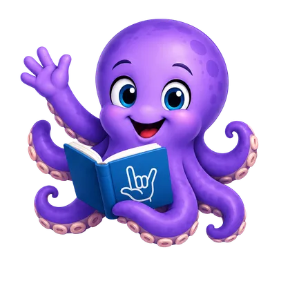 Otto, de mascotte van SignSee: een lachende paarse octopus met een open boek en een tentakel omhoog in een gebarentaalhandvorm.